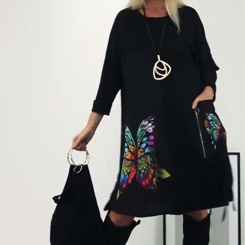🔥👗Női laza pillangó nyomtatás kerek nyakú ruha