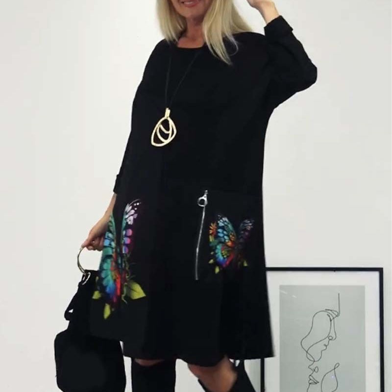🔥👗Női laza pillangó nyomtatás kerek nyakú ruha