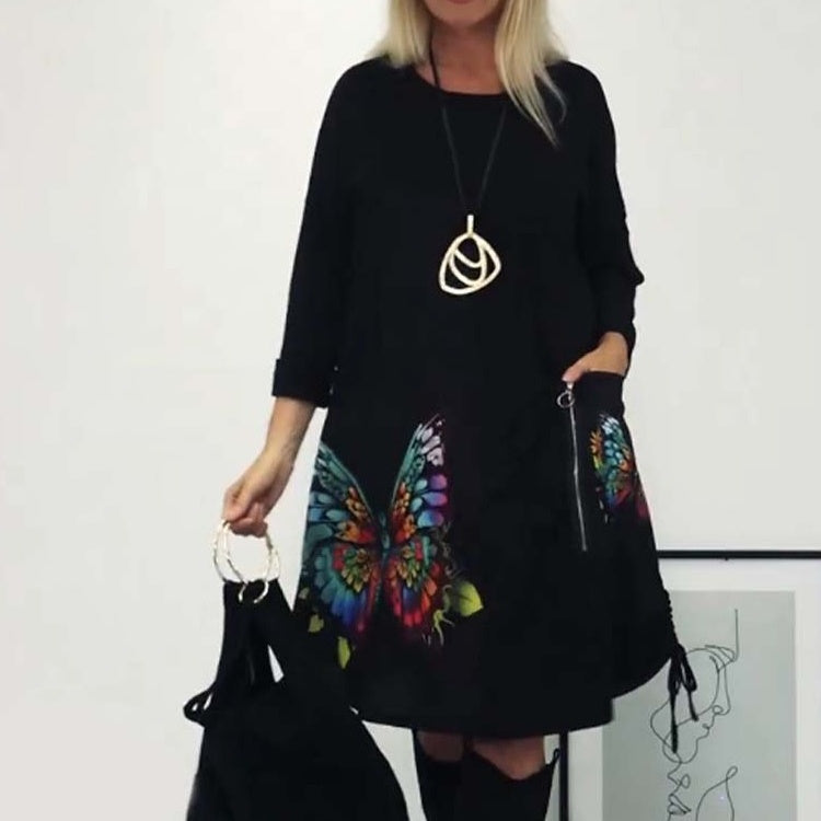 🔥👗Női laza pillangó nyomtatás kerek nyakú ruha