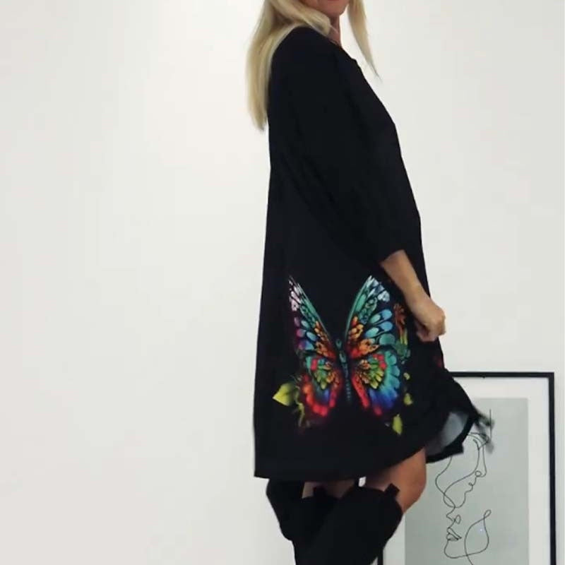 🔥👗Női laza pillangó nyomtatás kerek nyakú ruha