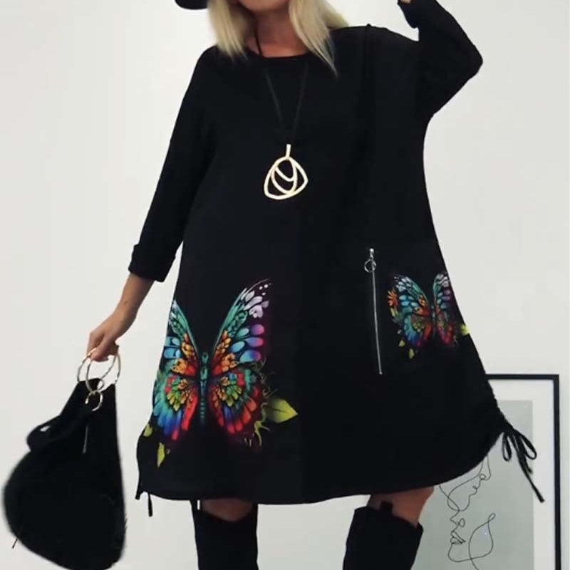 🔥👗Női laza pillangó nyomtatás kerek nyakú ruha