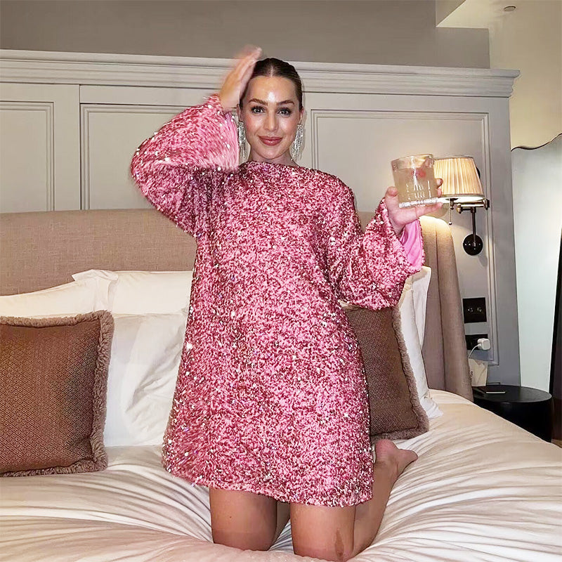 🔥👗Dancing All Night Sequin Back Bow Loose Mini Cute ruha 🎀