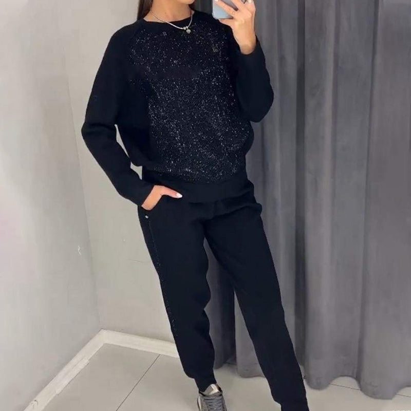 🔥👚👖Női pulóver strasszos csillogással és 2 darabos alkalmi nadrág szett