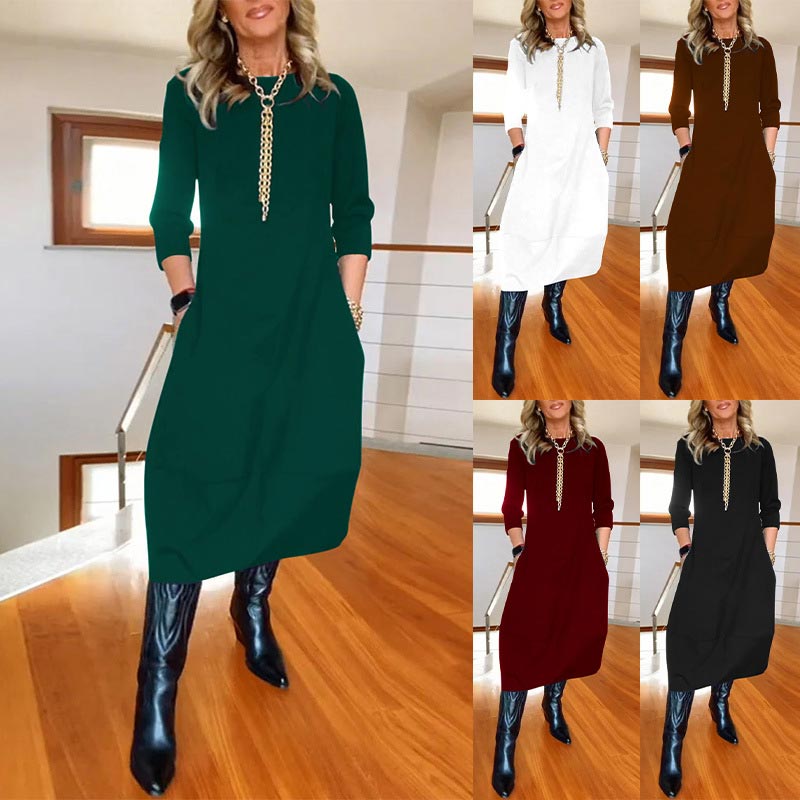 🔥👗Női egyszínű alkalmi ruha kerek nyakkal és zsebekkel