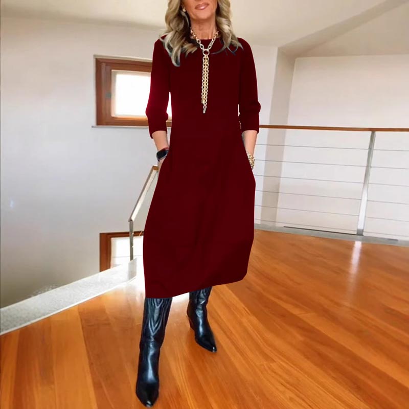 🔥👗Női egyszínű alkalmi ruha kerek nyakkal és zsebekkel
