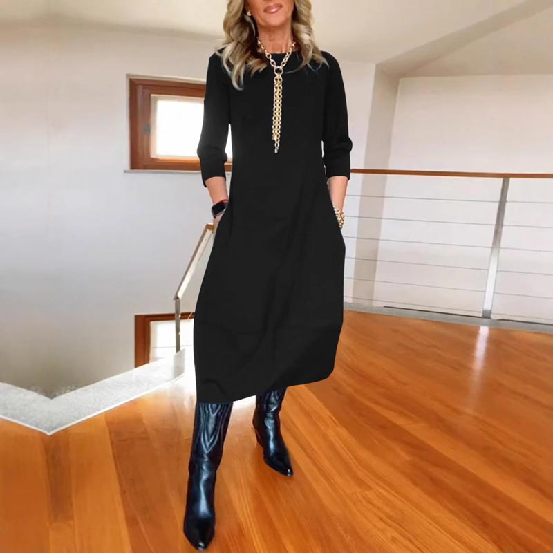 🔥👗Női egyszínű alkalmi ruha kerek nyakkal és zsebekkel