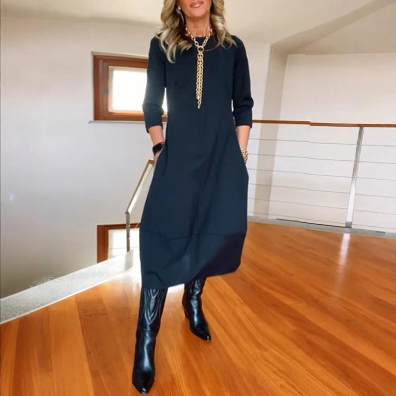 🔥👗Női egyszínű alkalmi ruha kerek nyakkal és zsebekkel