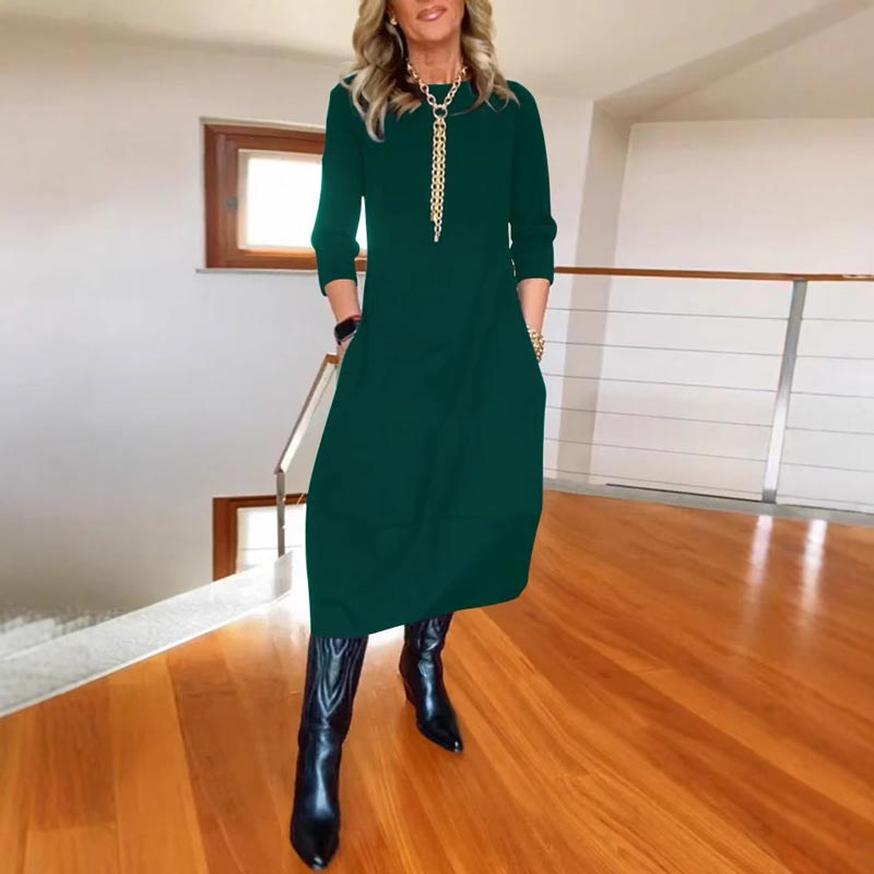 🔥👗Női egyszínű alkalmi ruha kerek nyakkal és zsebekkel