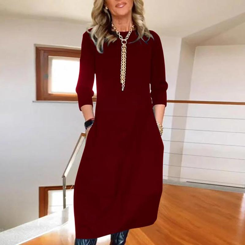 🔥👗Női egyszínű alkalmi ruha kerek nyakkal és zsebekkel
