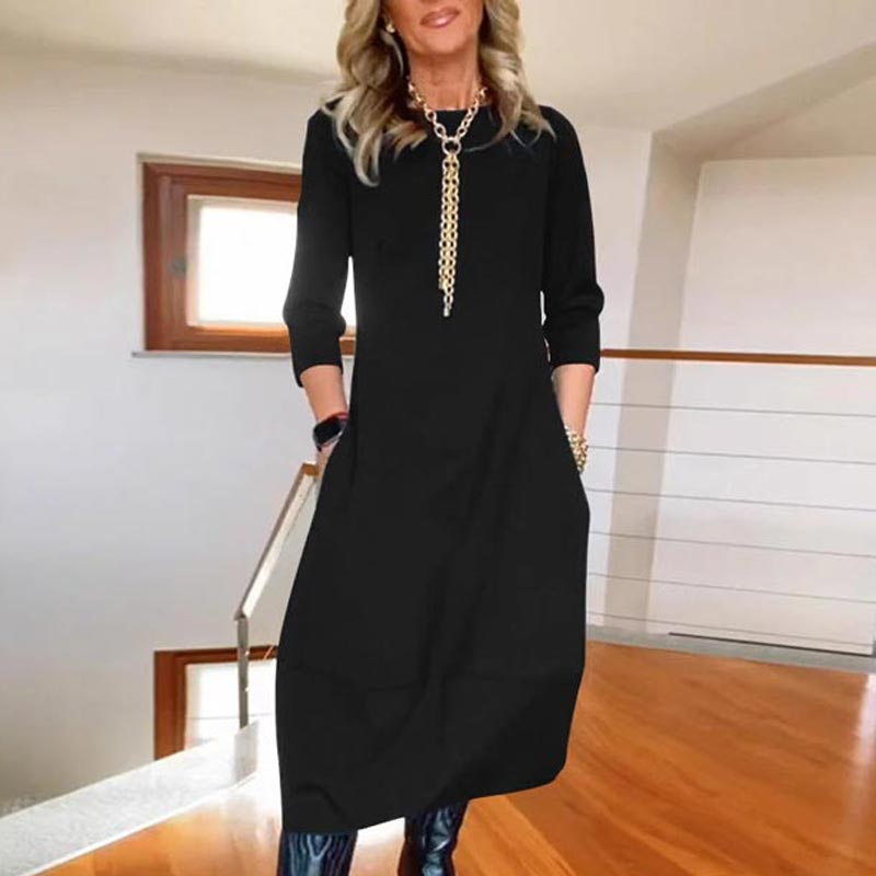 🔥👗Női egyszínű alkalmi ruha kerek nyakkal és zsebekkel