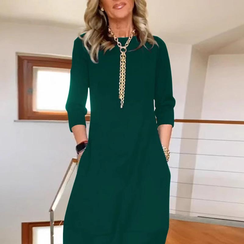 🔥👗Női egyszínű alkalmi ruha kerek nyakkal és zsebekkel