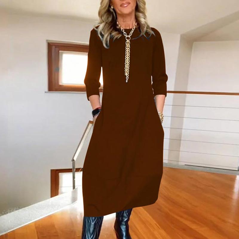 🔥👗Női egyszínű alkalmi ruha kerek nyakkal és zsebekkel
