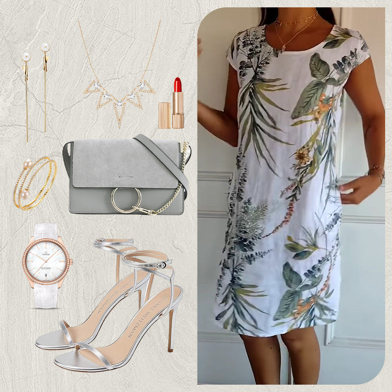 🔥👗Női botanikai mintás kerek nyakú ruha