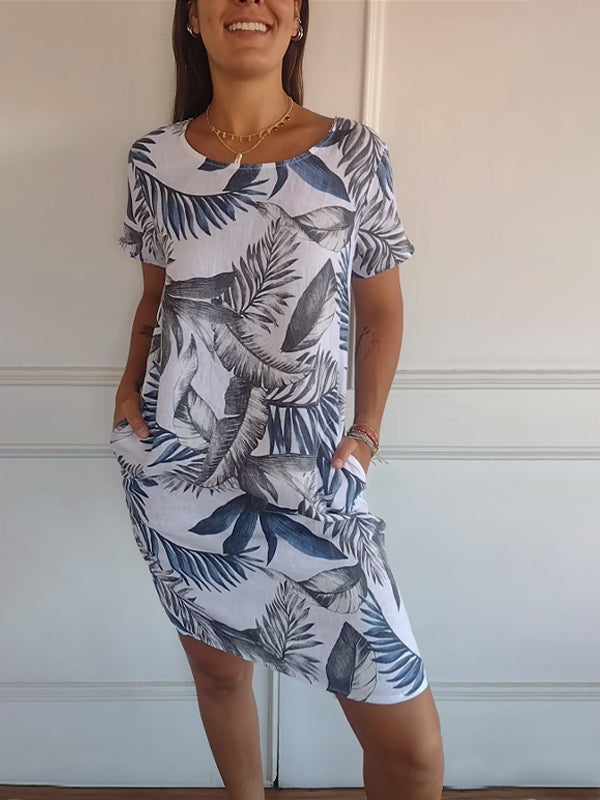 🔥👗Női botanikai mintás kerek nyakú ruha