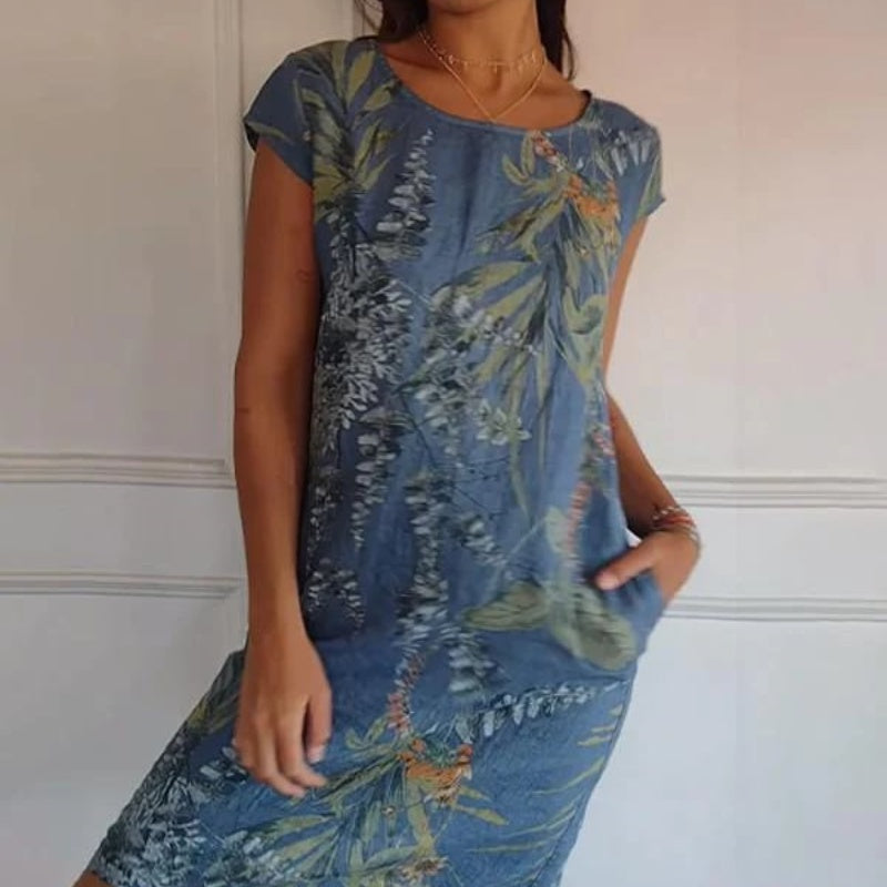 🔥👗Női botanikai mintás kerek nyakú ruha