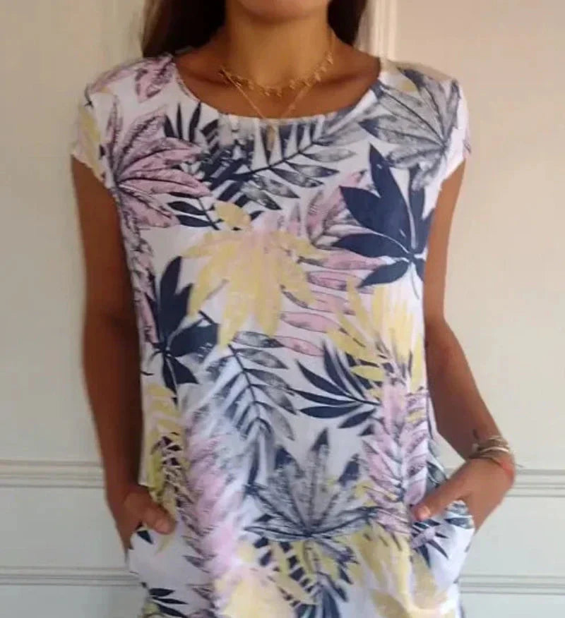 🔥👗Női botanikai mintás kerek nyakú ruha