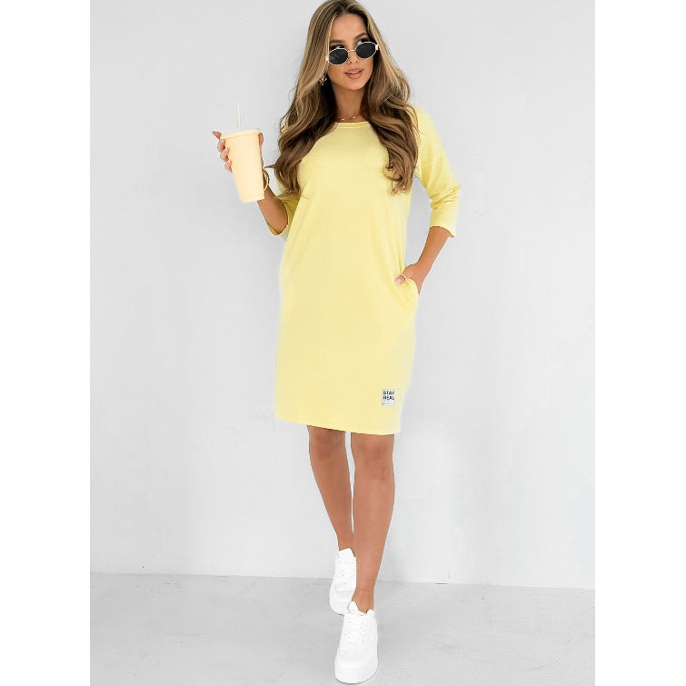 🔥👗Tavaszi ajánlatok🌸 Kerek nyakú 3/4 ujjú ruha zsebekkel