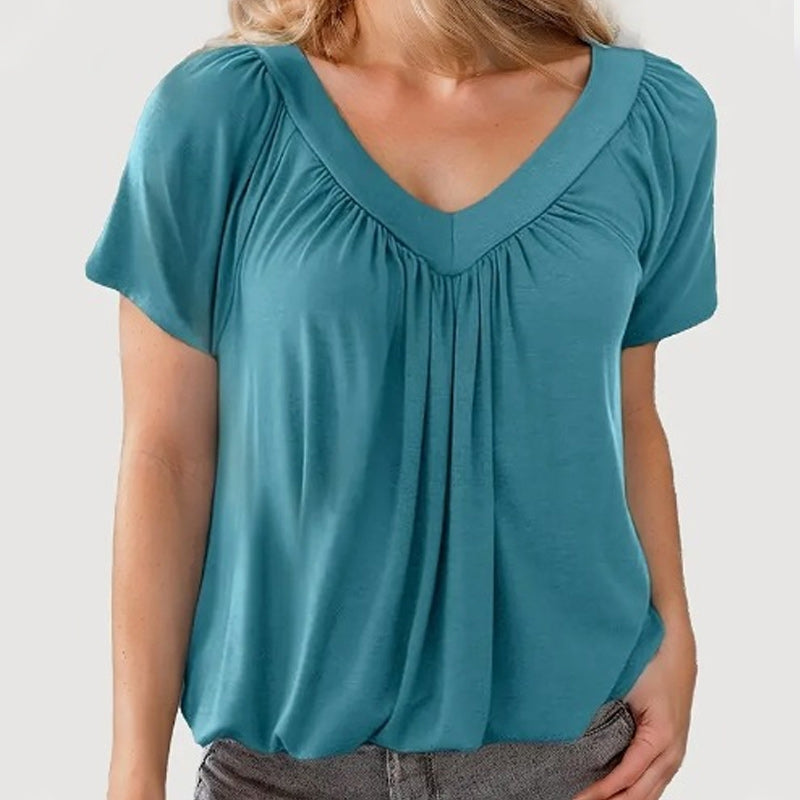 🔥👚Női lezser rakott V-nyakú rövid ujjú felső