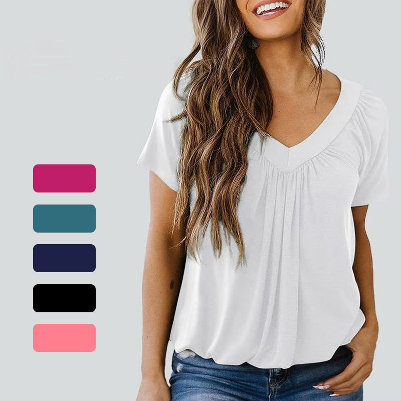 🔥👚Női lezser rakott V-nyakú rövid ujjú felső