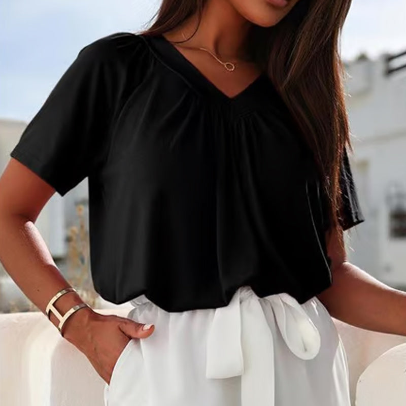 🔥👚Női lezser rakott V-nyakú rövid ujjú felső
