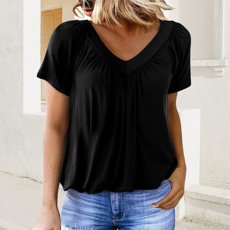 🔥👚Női lezser rakott V-nyakú rövid ujjú felső