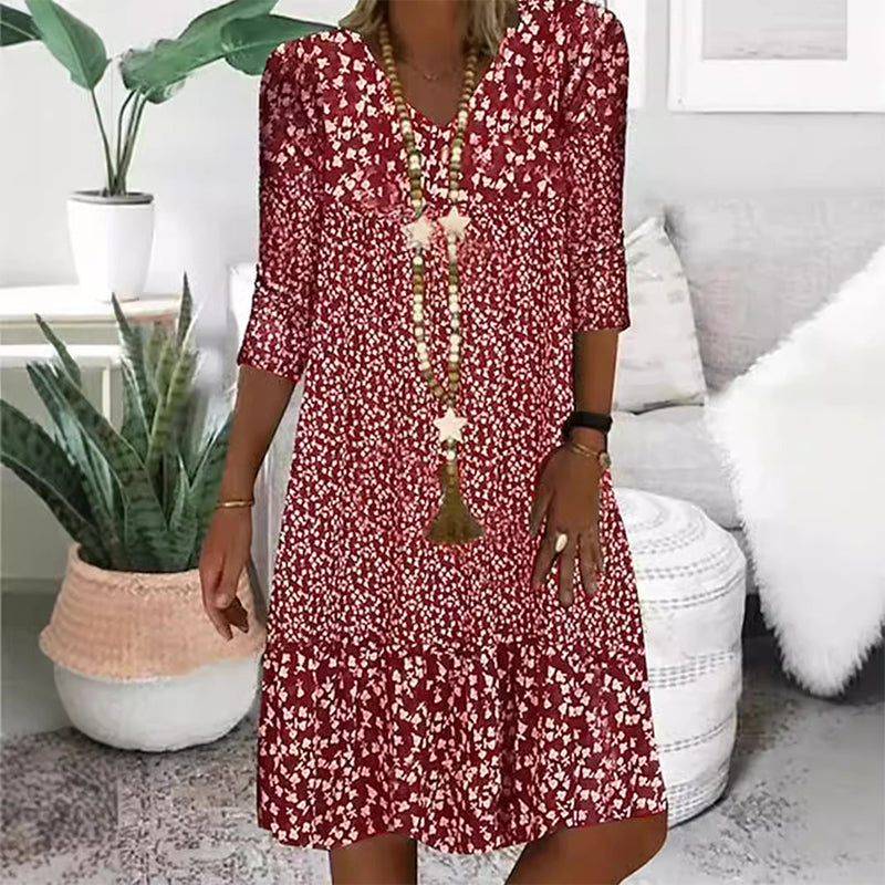 🔥👗Női divat nyomtatott női középső ujjú V-nyakú ruha