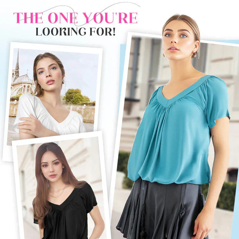 🔥👚Női lezser rakott V-nyakú rövid ujjú felső