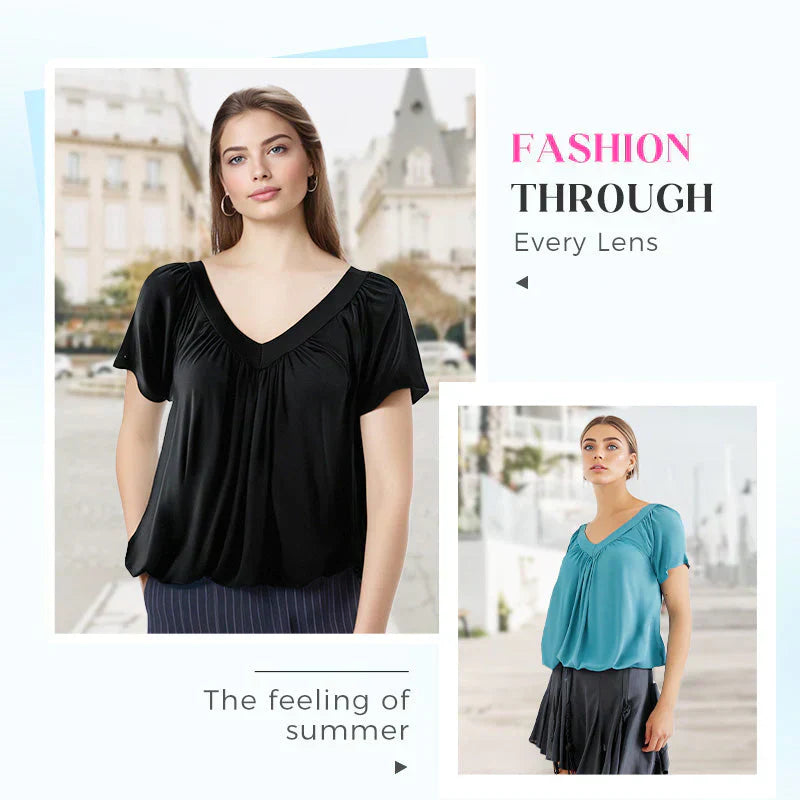 🔥👚Női lezser rakott V-nyakú rövid ujjú felső