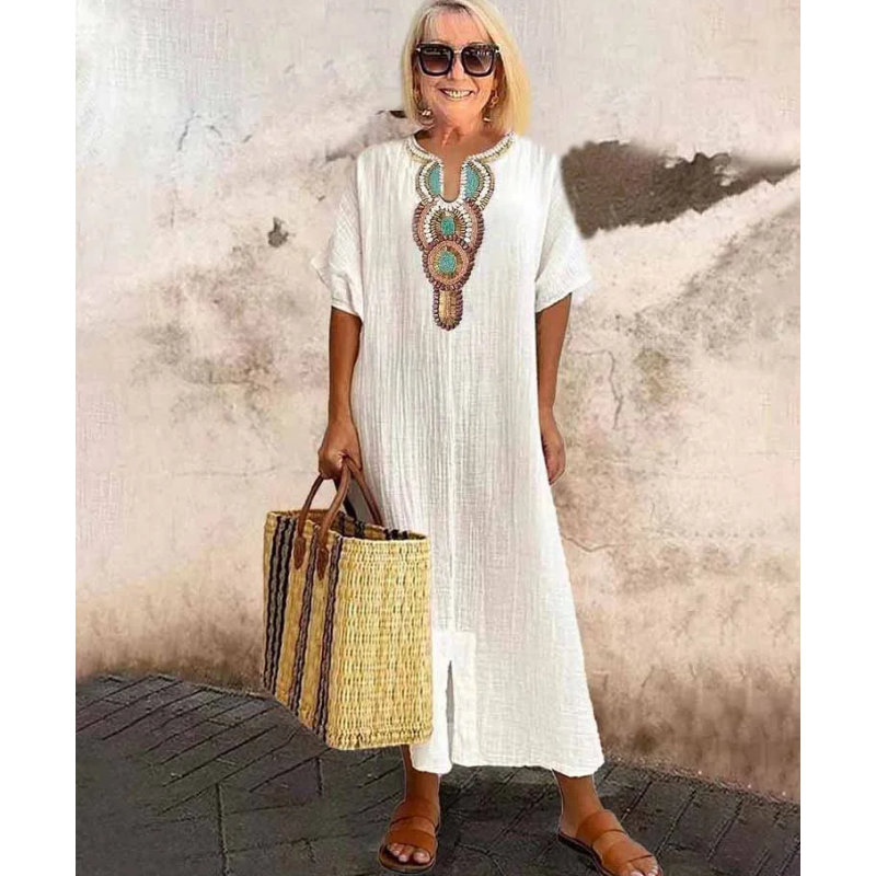 🔥👗【S-4XL】🌺Női laza pamut lenvászon hímzett ruhák