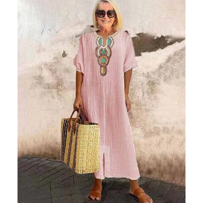 🔥👗【S-4XL】🌺Női laza pamut lenvászon hímzett ruhák