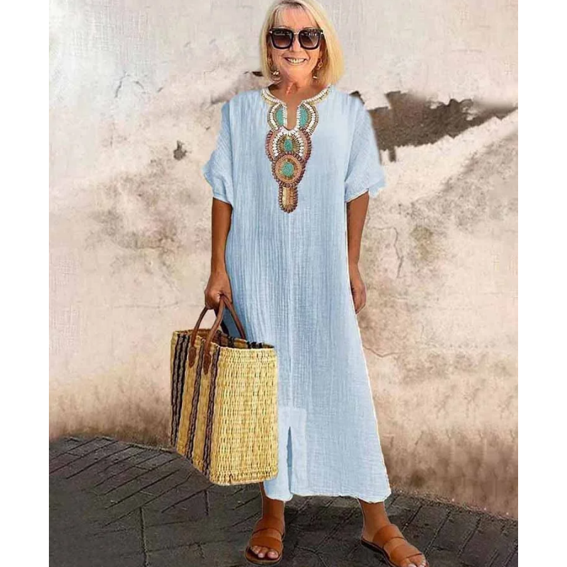 🔥👗【S-4XL】🌺Női laza pamut lenvászon hímzett ruhák