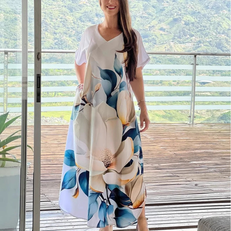 🔥👗Női laza alkalmi V-nyakú nyomtatott rövid ujjú ruhák
