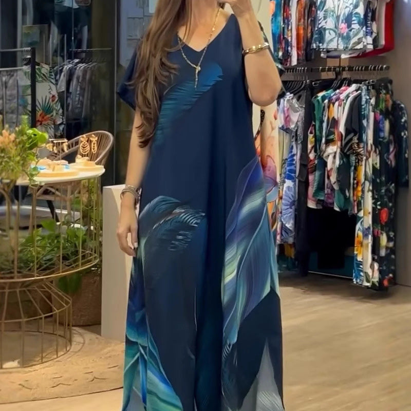 🔥👗Női laza alkalmi V-nyakú nyomtatott rövid ujjú ruhák