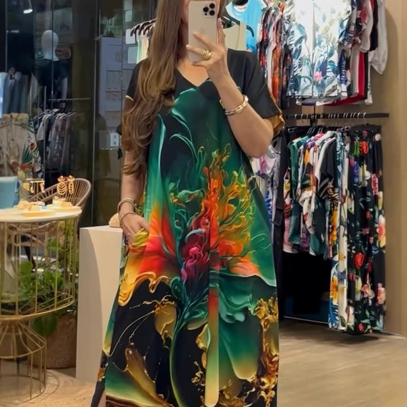 🔥👗Női laza alkalmi V-nyakú nyomtatott rövid ujjú ruhák
