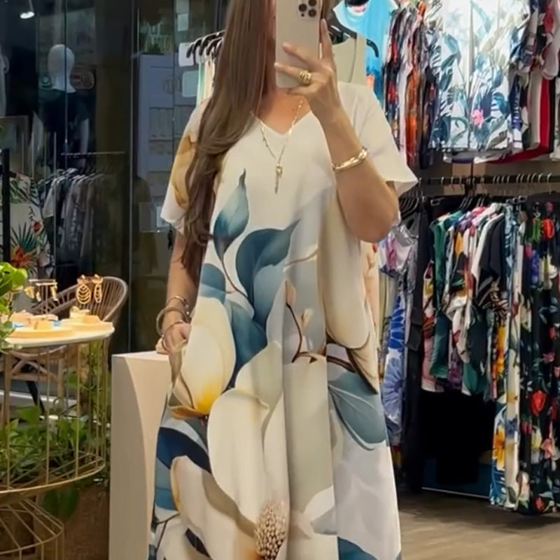 🔥👗Női laza alkalmi V-nyakú nyomtatott rövid ujjú ruhák