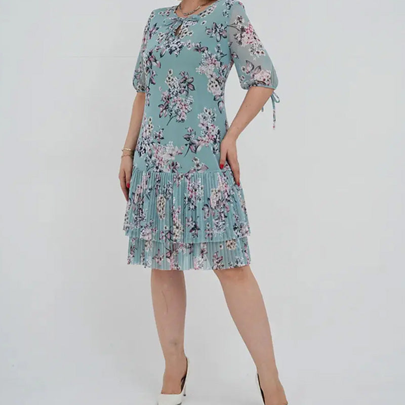🔥👗Elegáns sifon hosszú pliszírozott ruha rövid ujjakkal