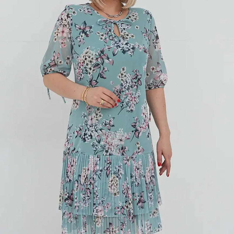🔥👗Elegáns sifon hosszú pliszírozott ruha rövid ujjakkal