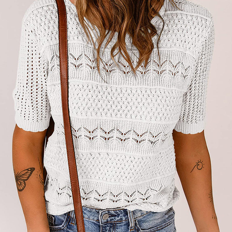 🔥👚【S-XL】Női kerek nyakú, rövid ujjú, kivágott pulóver kivágással