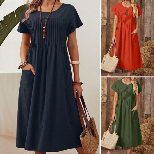 🔥👗【S-4XL】Női rakott ruha rövid ujjal és zsebekkel