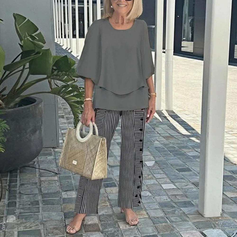 🔥👚👖Női alkalmi kerek nyakú fél ujjú felső nyomtatott nadrágkészlet