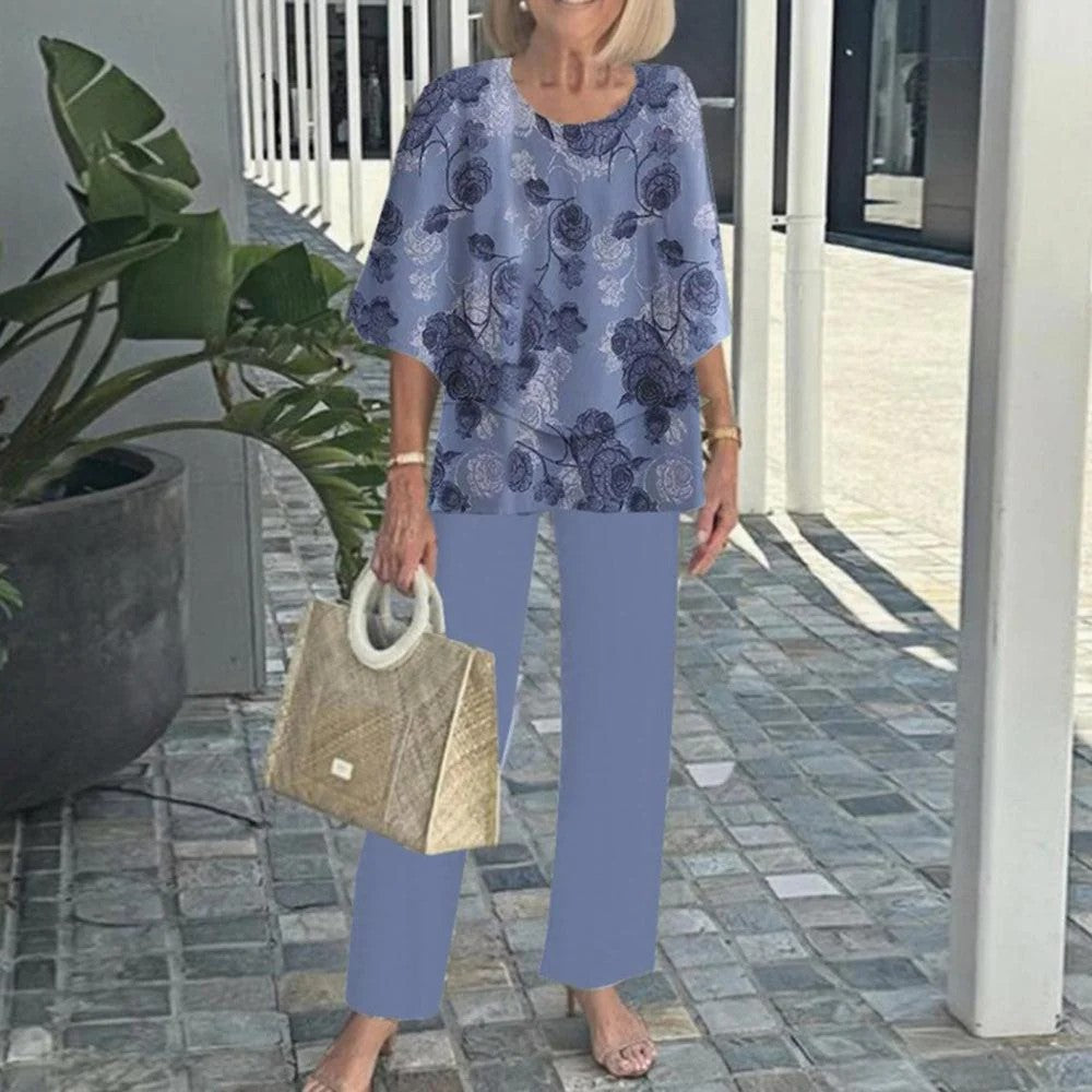 🔥👚👖Női alkalmi kerek nyakú fél ujjú felső nyomtatott nadrágkészlet