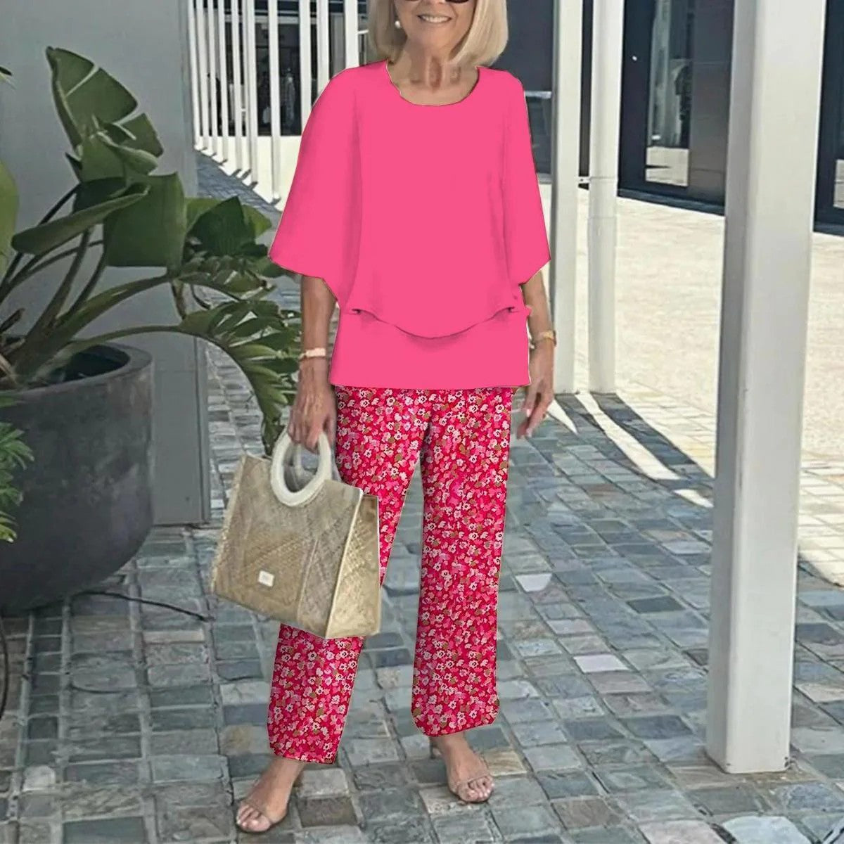 🔥👚👖Női alkalmi kerek nyakú fél ujjú felső nyomtatott nadrágkészlet