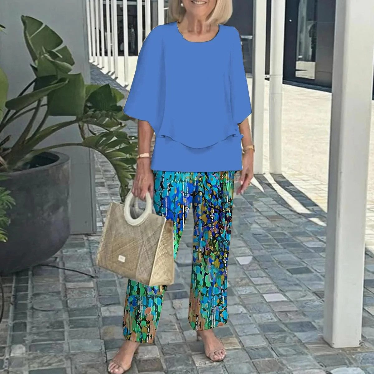 🔥👚👖Női alkalmi kerek nyakú fél ujjú felső nyomtatott nadrágkészlet