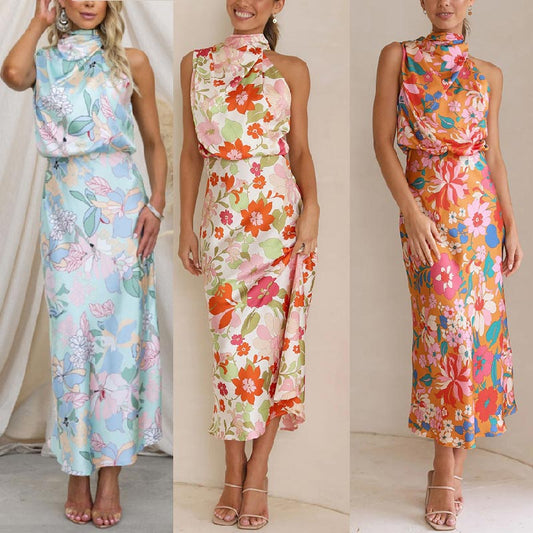 🔥👗virágmintás, nyakbakötős, gumis derekú, szatén fényű maxi ruha