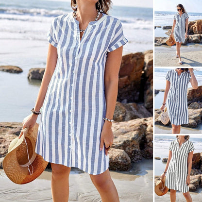 🔥👗【S-3XL】✨Női csíkos, gombos ing ruha