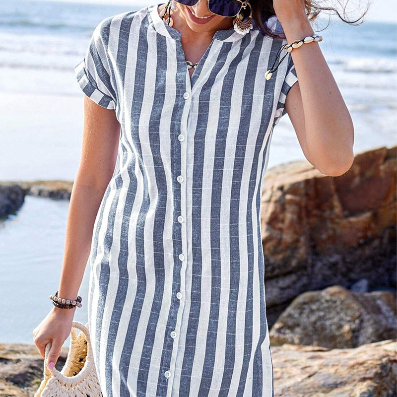 🔥👗【S-3XL】✨Női csíkos, gombos ing ruha
