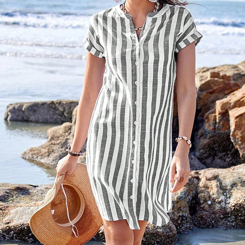 🔥👗【S-3XL】✨Női csíkos, gombos ing ruha