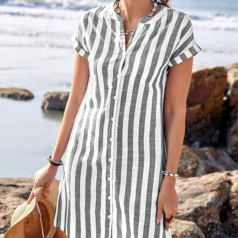 🔥👗【S-3XL】✨Női csíkos, gombos ing ruha