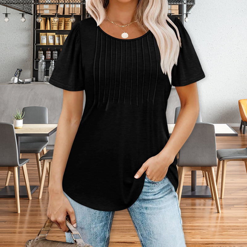 🔥👚Női nyári kerek nyakú rövid ujjú pliszírozott póló