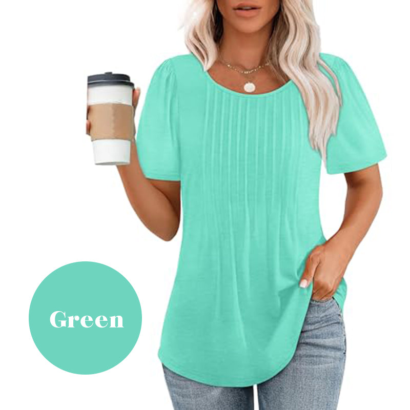 🔥👚Női nyári kerek nyakú rövid ujjú pliszírozott póló